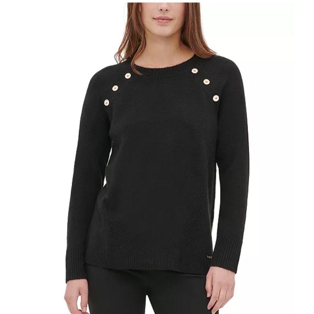 Calvin Klein Button-Detail Crewneck Sweater in Black Size XS NWT